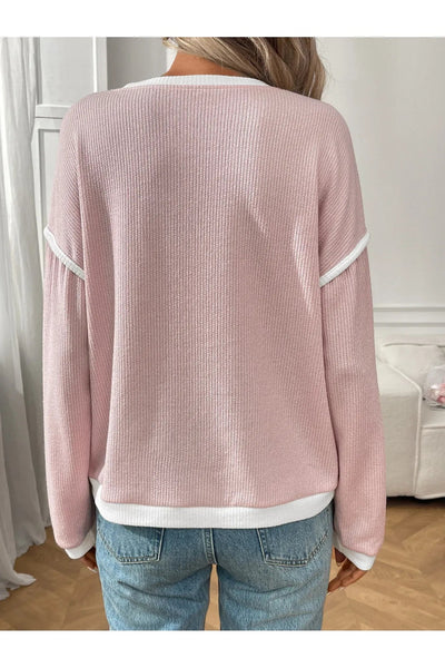 Ribbed Contrast Trim Long Sleeve Top - Style Chic Couture