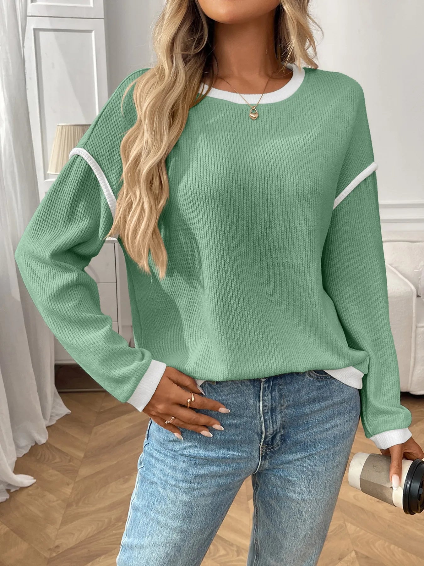 Ribbed Contrast Trim Long Sleeve Top - Style Chic Couture