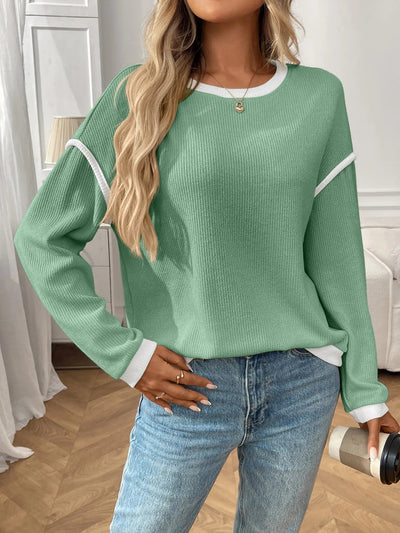 Ribbed Contrast Trim Long Sleeve Top - Style Chic Couture