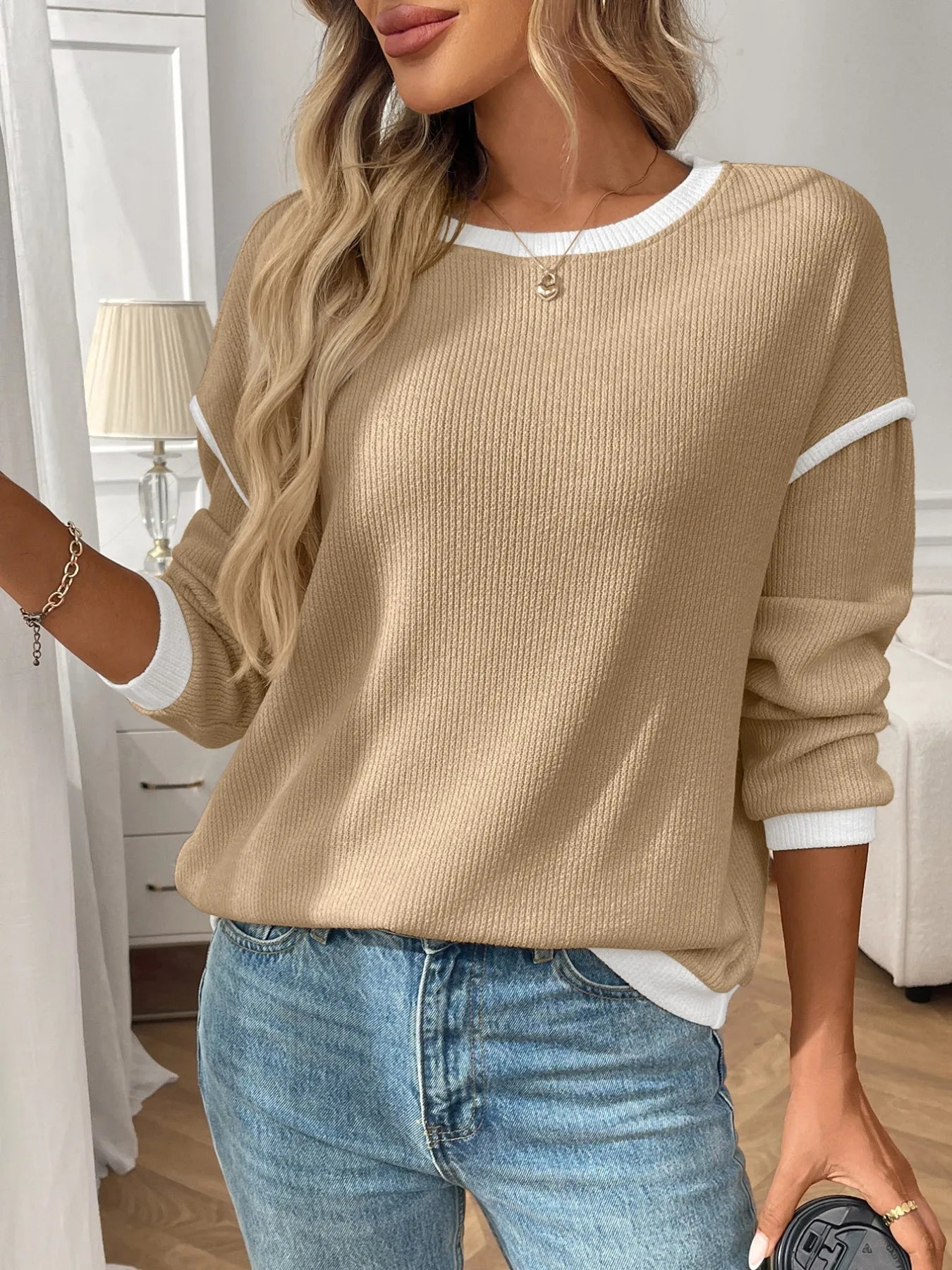 Ribbed Contrast Trim Long Sleeve Top - Style Chic Couture