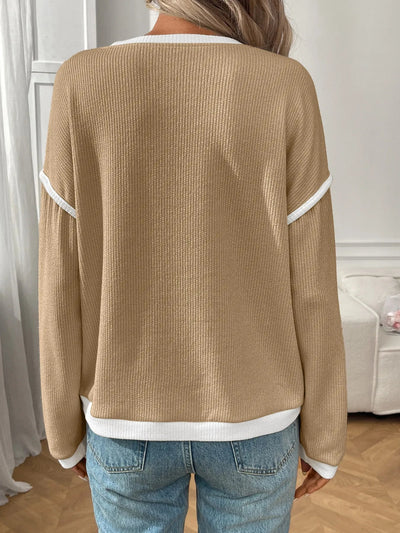 Ribbed Contrast Trim Long Sleeve Top - Style Chic Couture