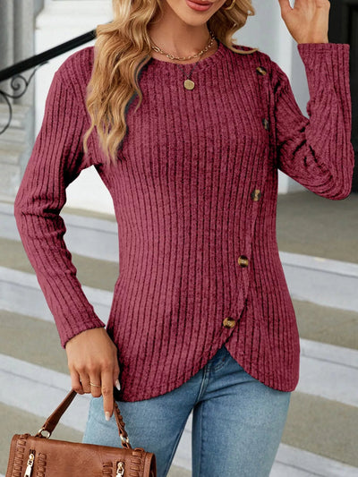 Ribbed Knit Decor Button T-Shirt - Style Chic Couture