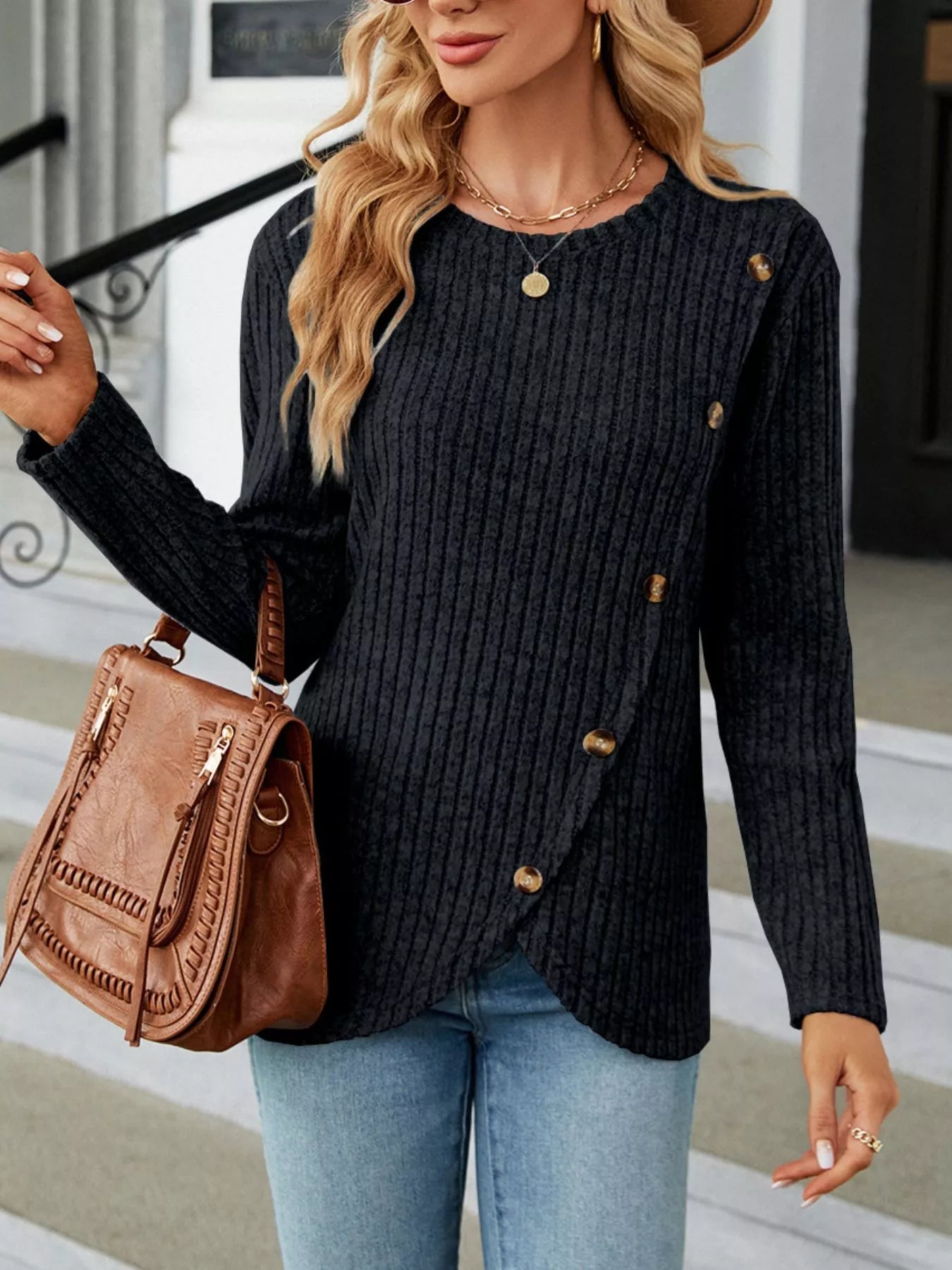 Ribbed Knit Decor Button T-Shirt - Style Chic Couture