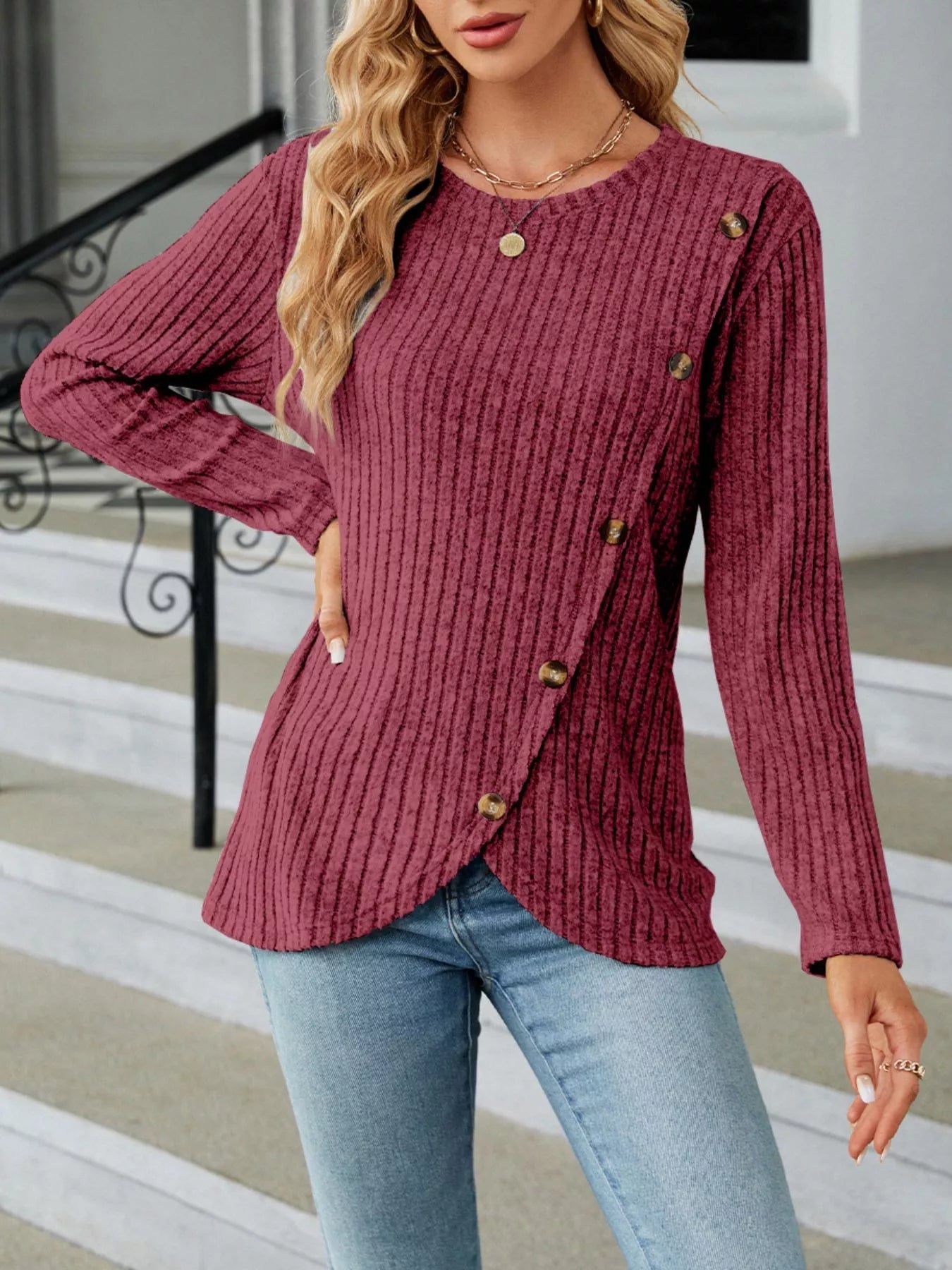 Ribbed Knit Decor Button T-Shirt - Style Chic Couture
