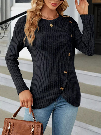 Ribbed Knit Decor Button T-Shirt - Style Chic Couture