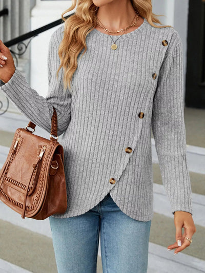 Ribbed Knit Decor Button T-Shirt - Style Chic Couture