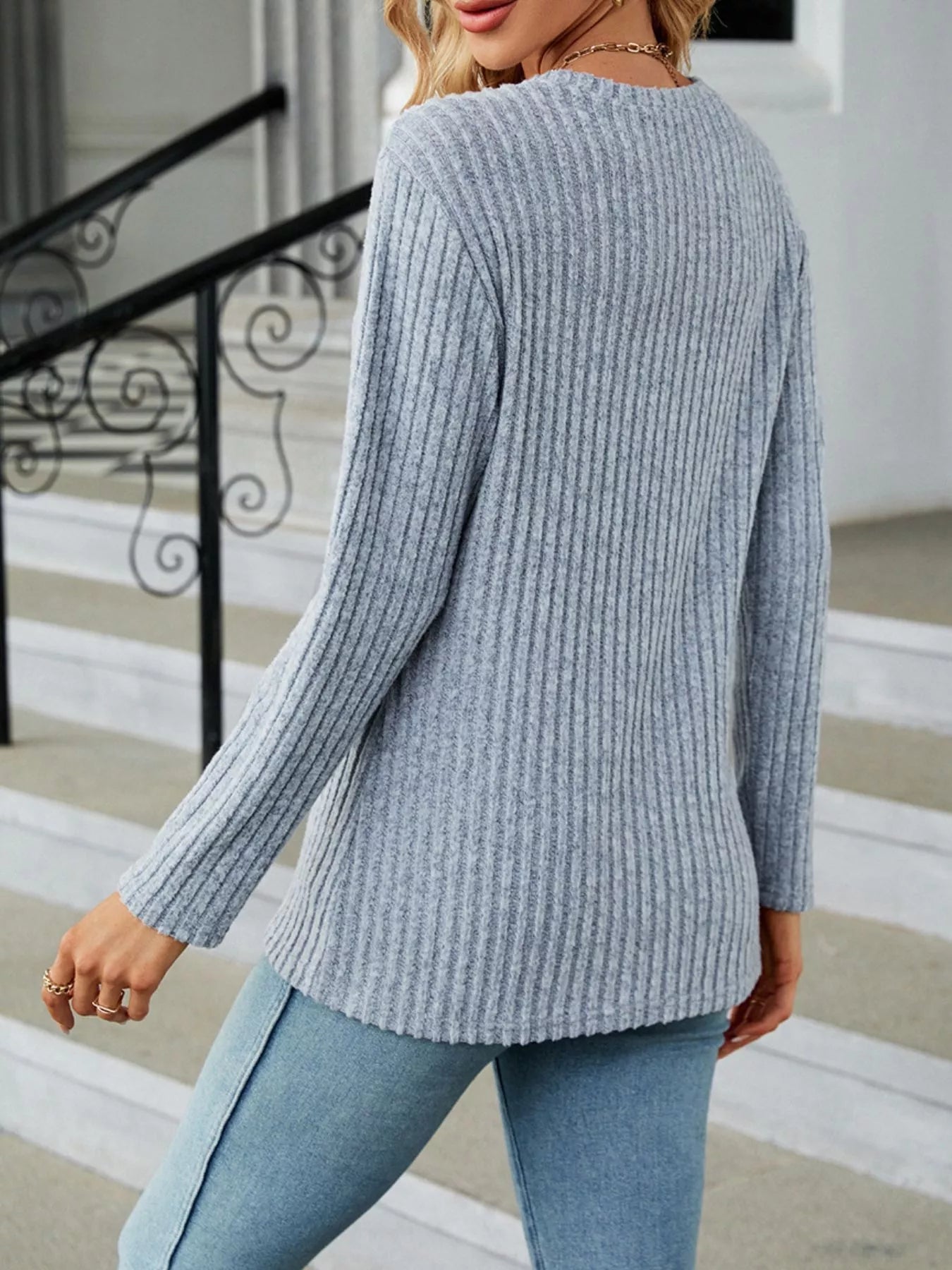 Ribbed Knit Decor Button T-Shirt - Style Chic Couture