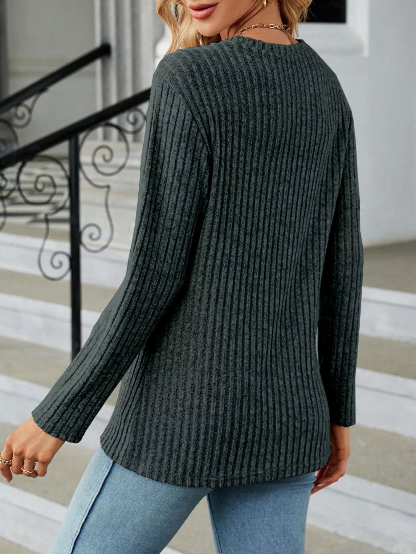 Ribbed Knit Decor Button T-Shirt - Style Chic Couture