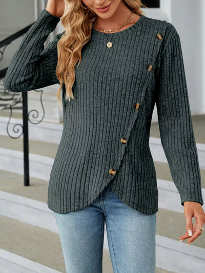 Ribbed Knit Decor Button T-Shirt - Style Chic Couture