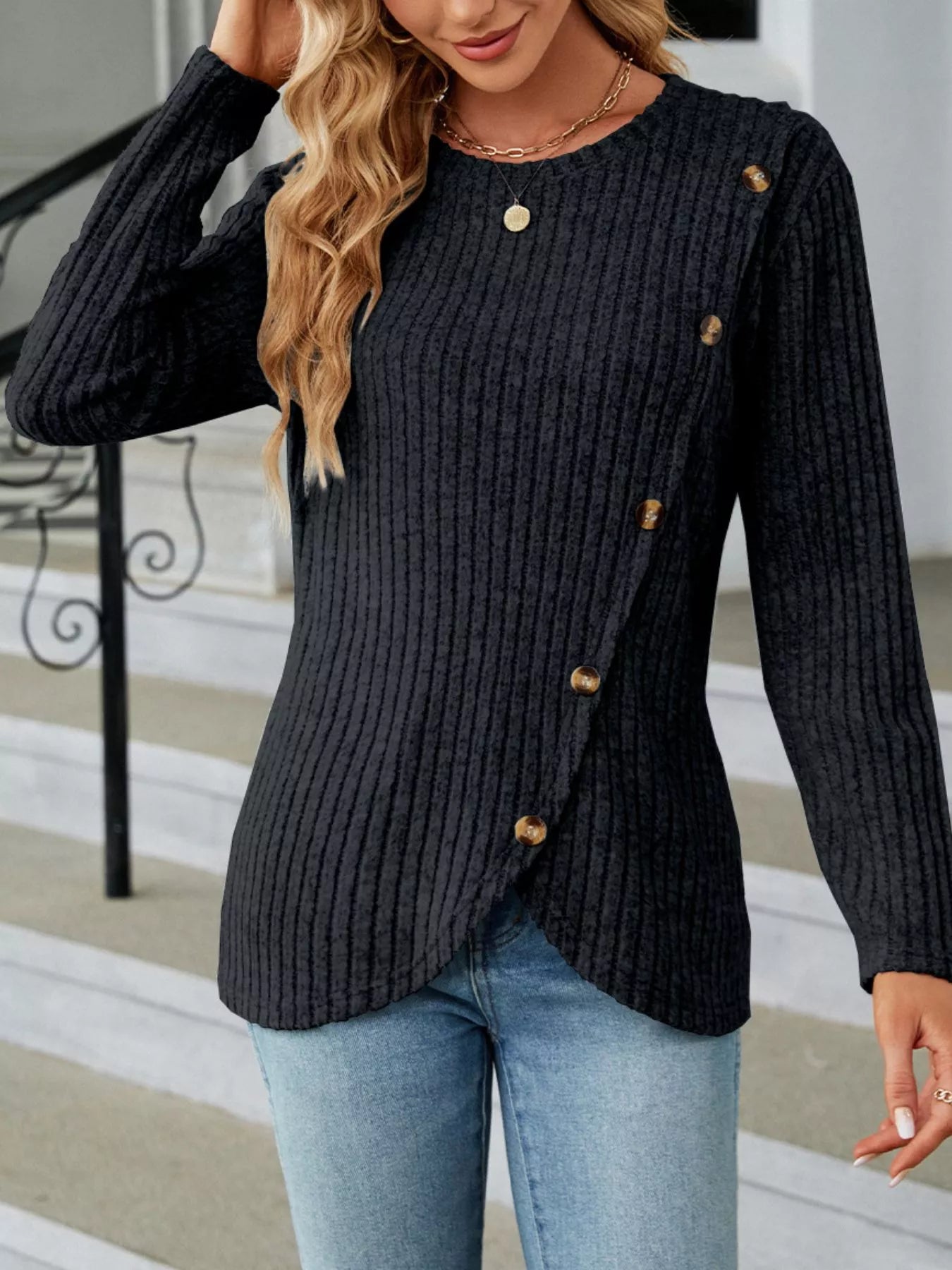 Ribbed Knit Decor Button T-Shirt - Style Chic Couture