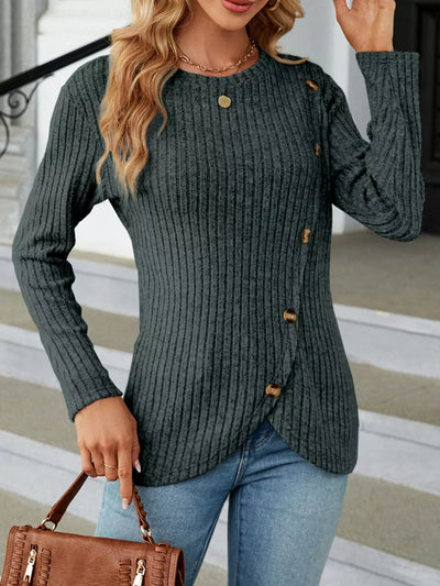 Ribbed Knit Decor Button T-Shirt - Style Chic Couture