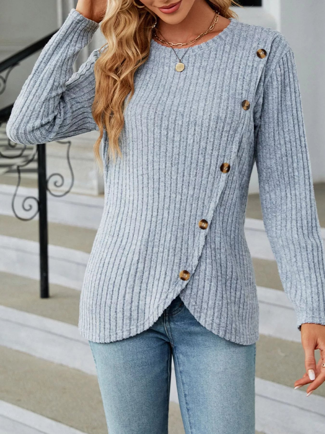 Ribbed Knit Decor Button T-Shirt - Style Chic Couture