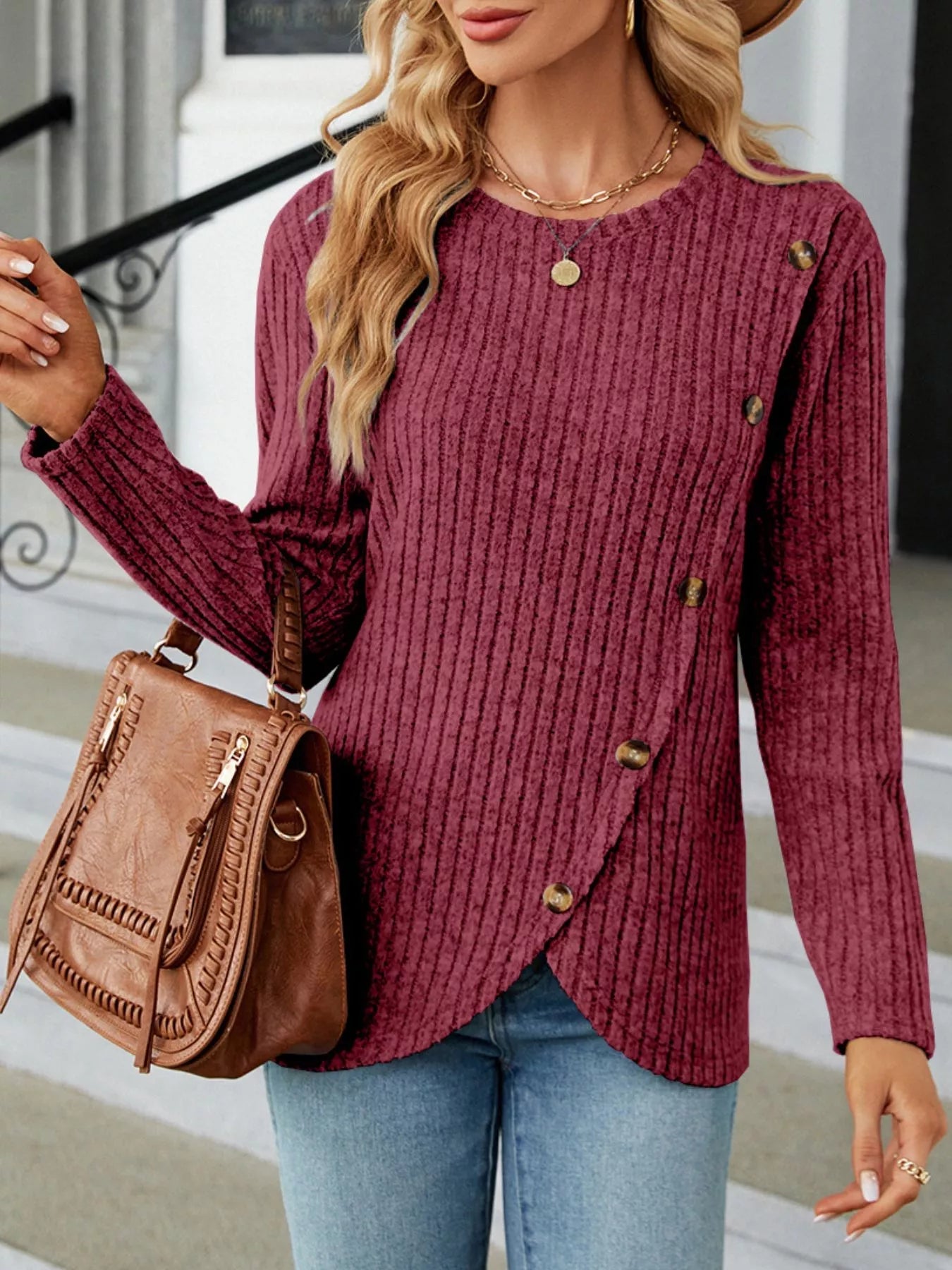 Ribbed Knit Decor Button T-Shirt - Style Chic Couture
