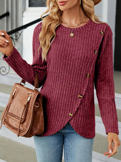 Ribbed Knit Decor Button T-Shirt - Style Chic Couture