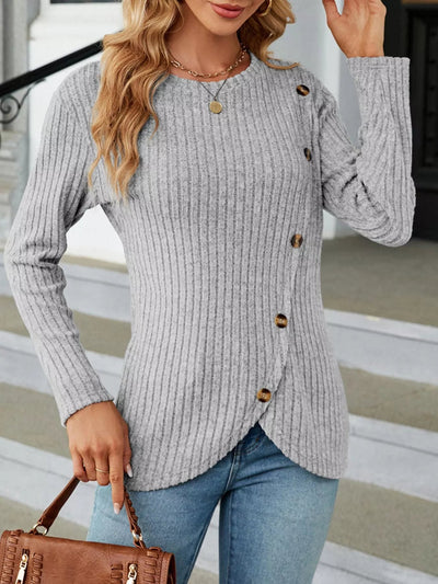 Ribbed Knit Decor Button T-Shirt - Style Chic Couture