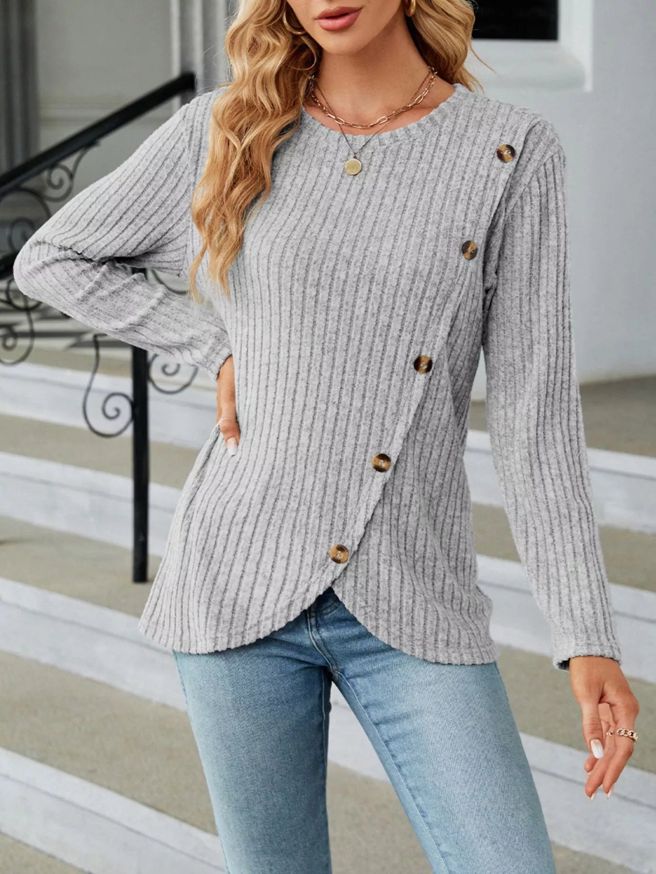 Ribbed Knit Decor Button T-Shirt - Style Chic Couture
