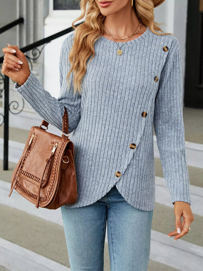 Ribbed Knit Decor Button T-Shirt - Style Chic Couture