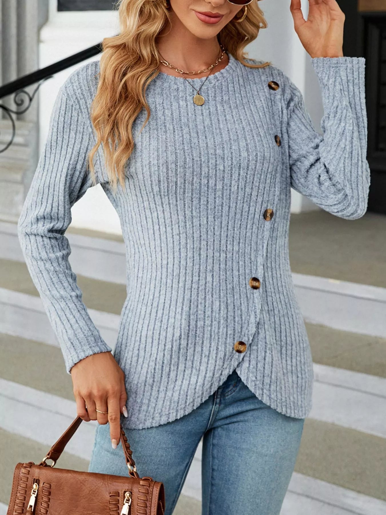 Ribbed Knit Decor Button T-Shirt - Style Chic Couture
