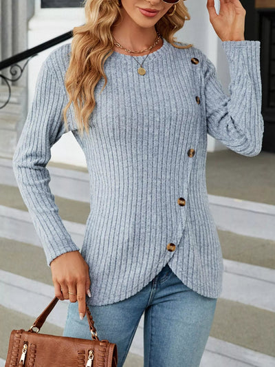 Ribbed Knit Decor Button T-Shirt - Style Chic Couture