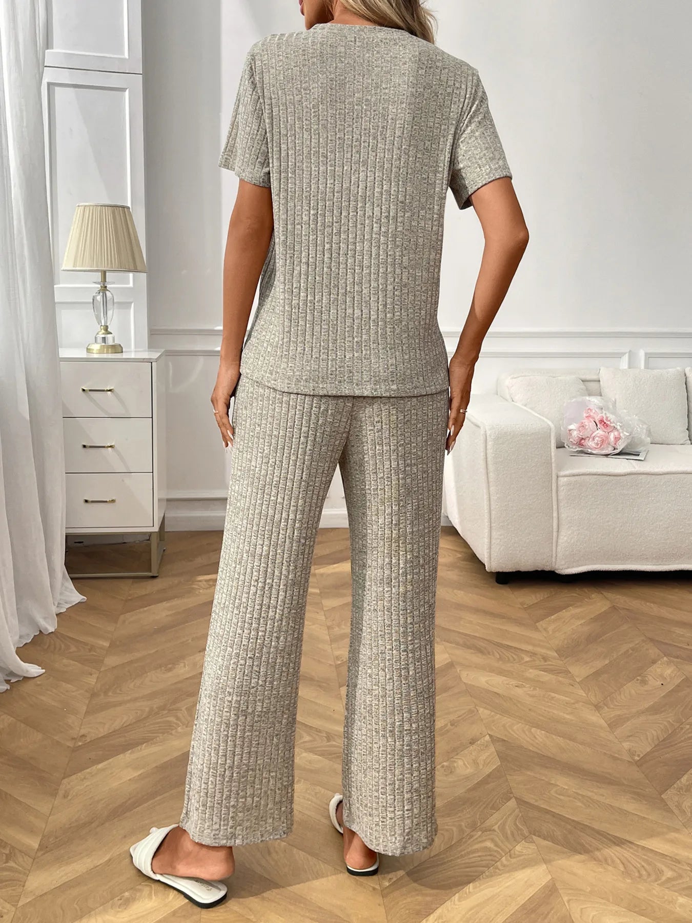 Ribbed Knit Lounge Set - Short Sleeve Top & Pants