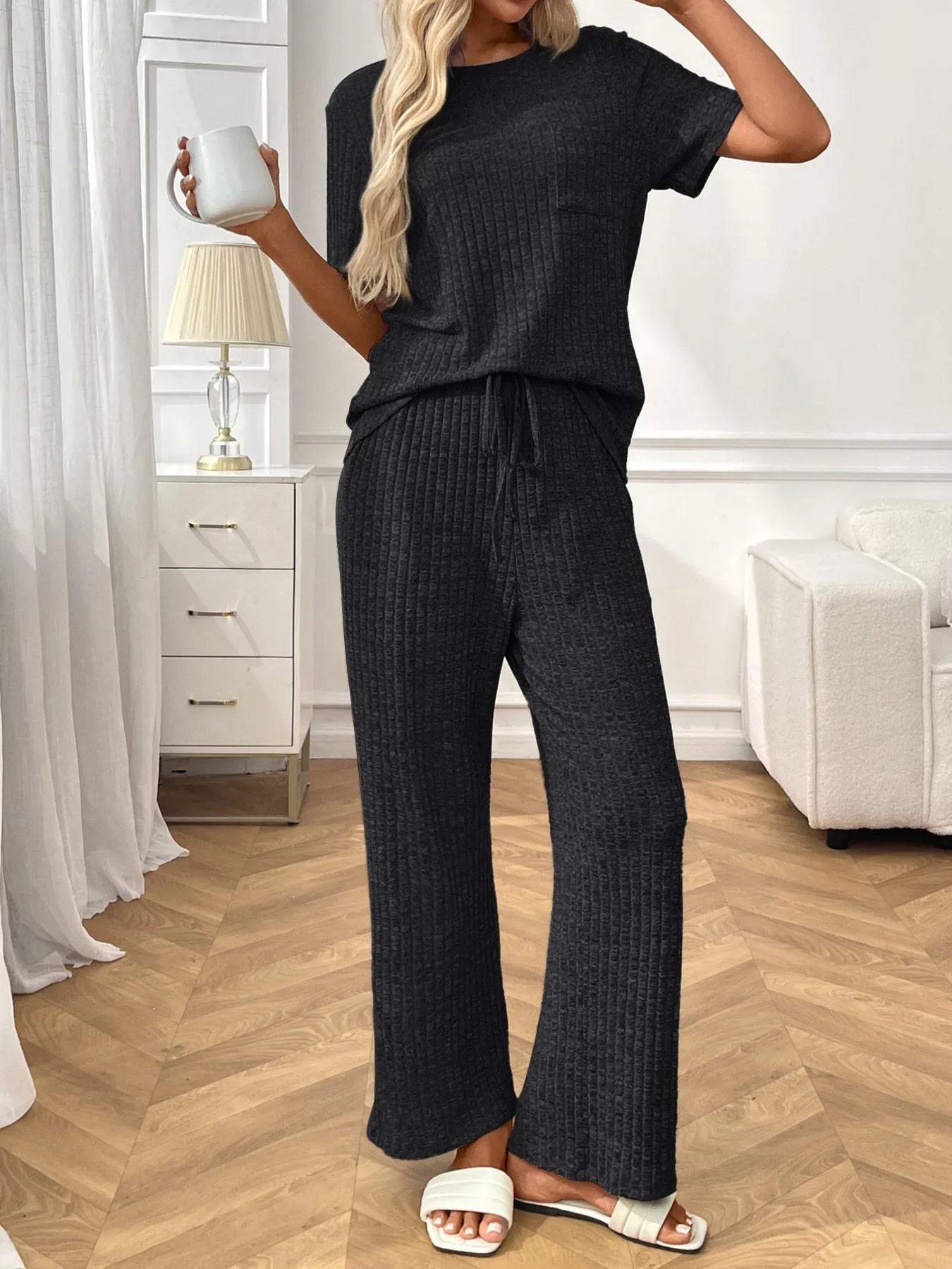 Ribbed Knit Lounge Set - Short Sleeve Top & Pants