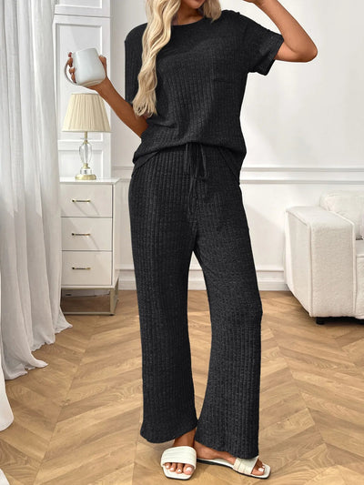 Ribbed Knit Lounge Set - Short Sleeve Top & Pants