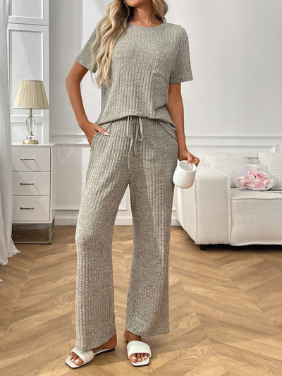Ribbed Knit Lounge Set - Short Sleeve Top & Pants
