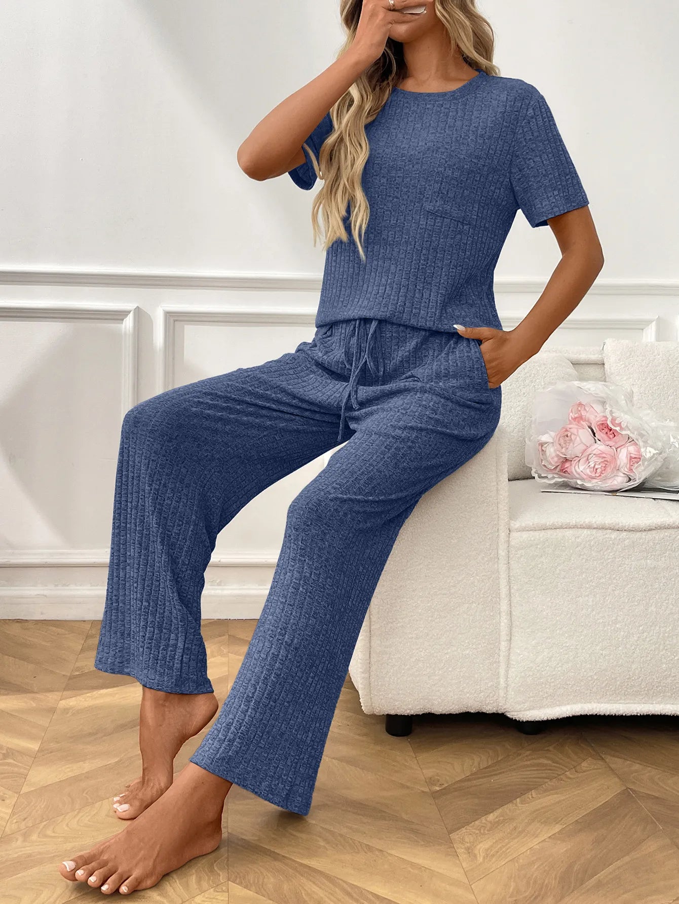 Ribbed Knit Lounge Set - Short Sleeve Top & Pants