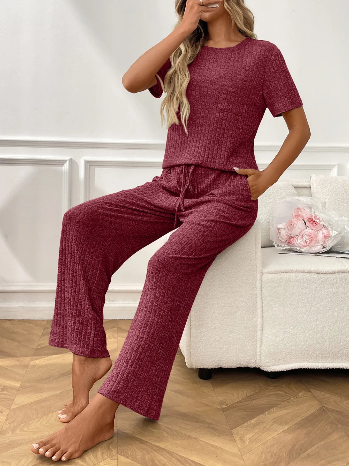 Ribbed Knit Lounge Set - Short Sleeve Top & Pants