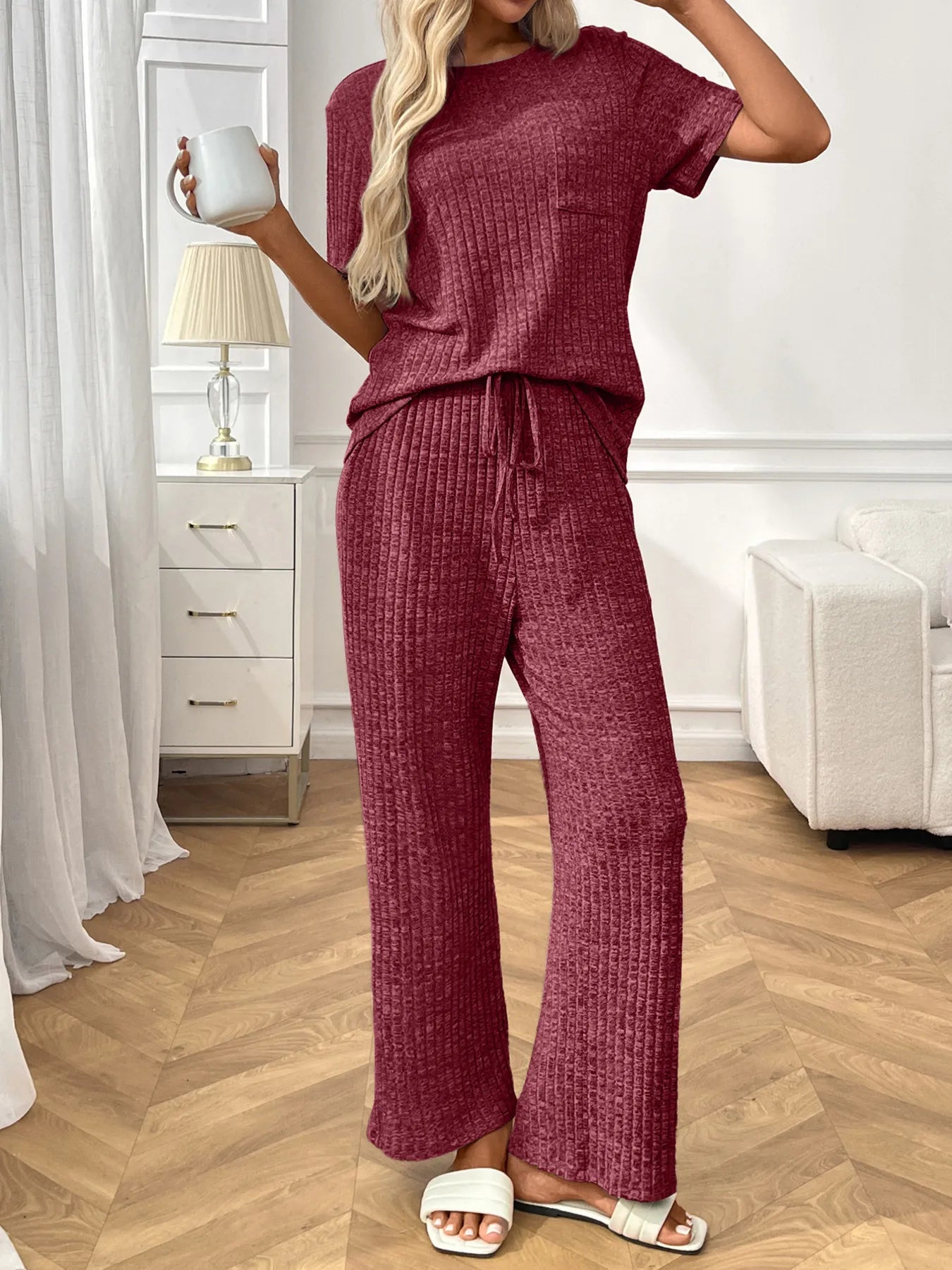 Ribbed Knit Lounge Set - Short Sleeve Top & Pants