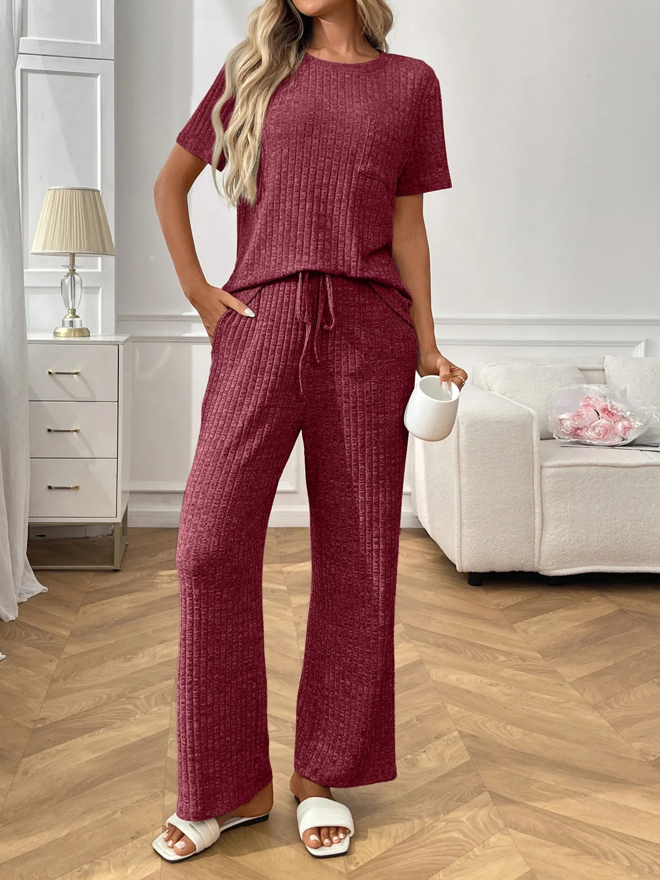 Ribbed Knit Lounge Set - Short Sleeve Top & Pants
