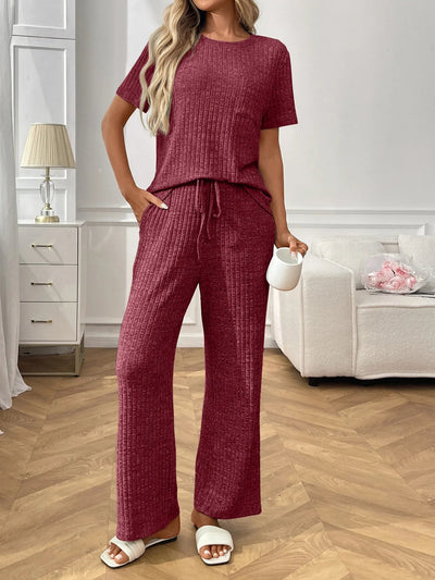 Ribbed Knit Lounge Set - Short Sleeve Top & Pants