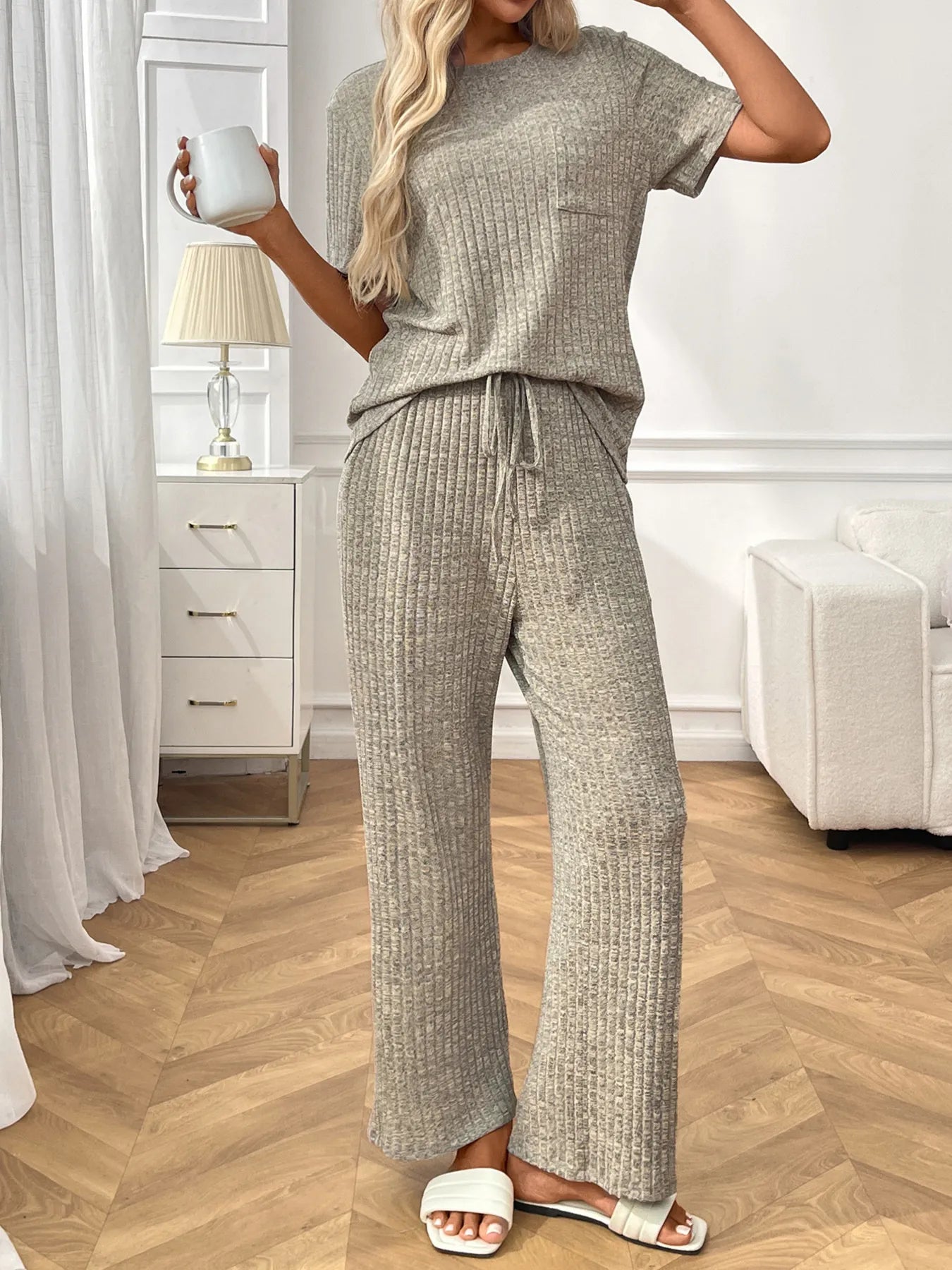Ribbed Knit Lounge Set - Short Sleeve Top & Pants