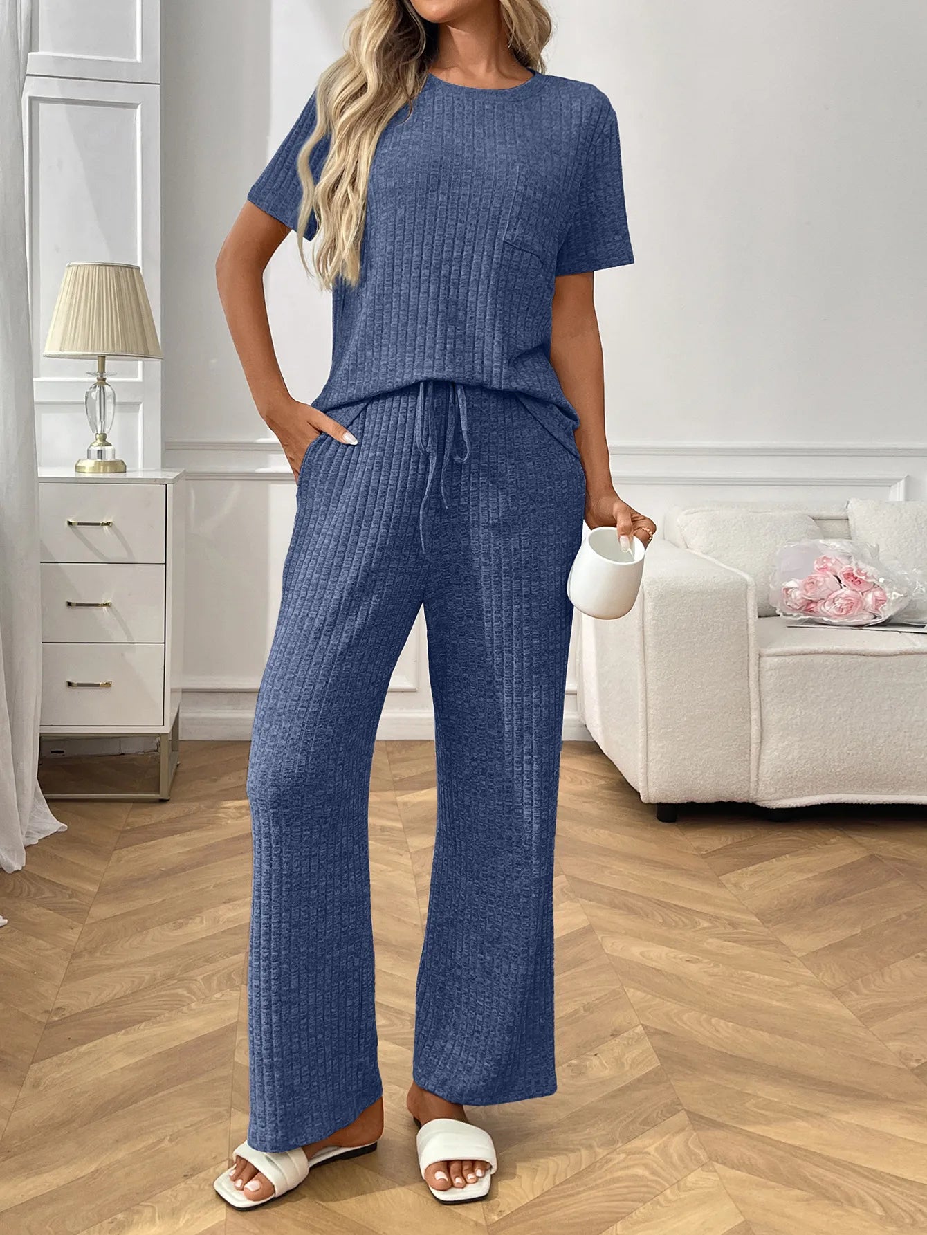 Ribbed Knit Lounge Set - Short Sleeve Top & Pants