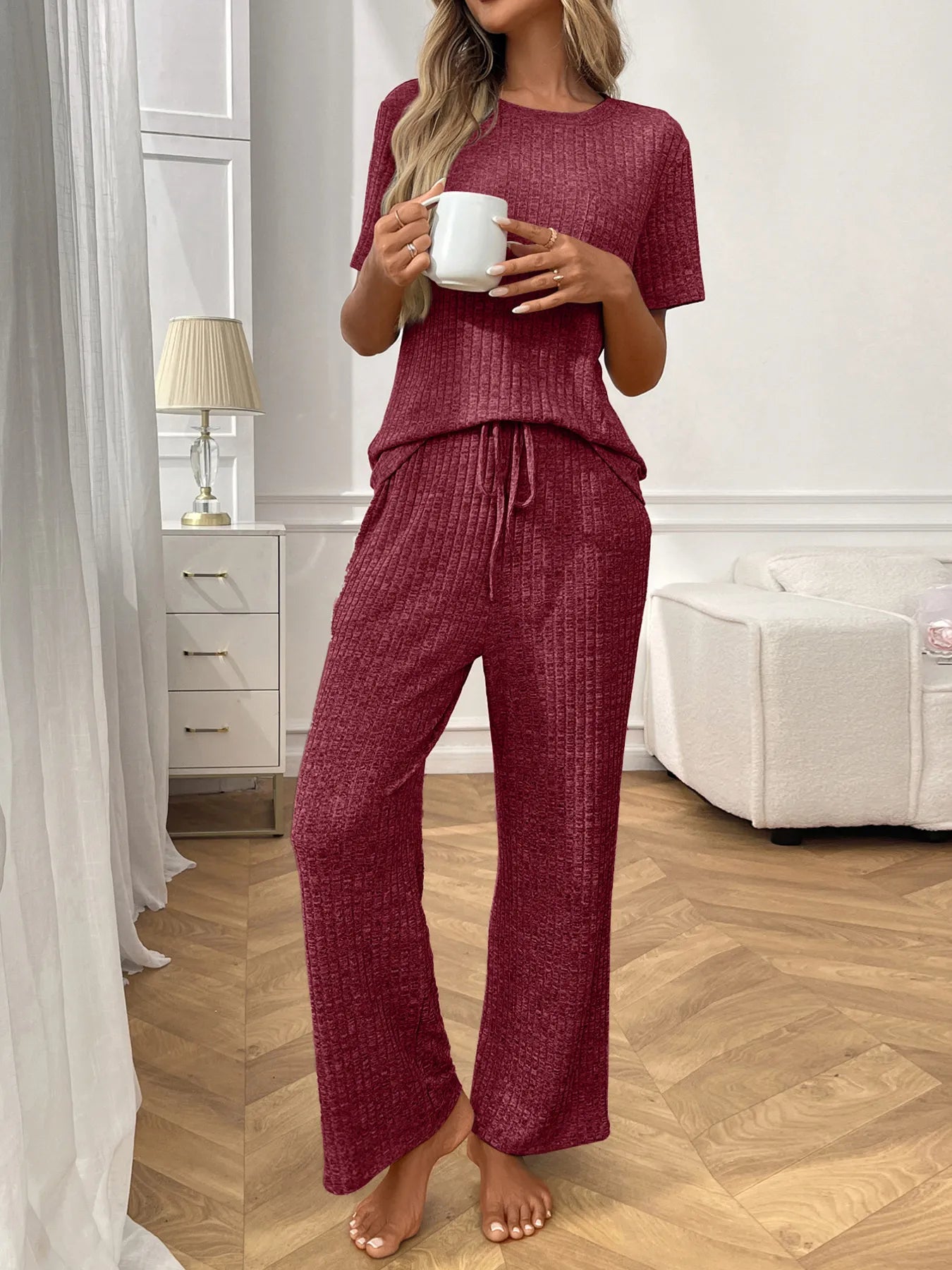 Ribbed Knit Lounge Set - Short Sleeve Top & Pants