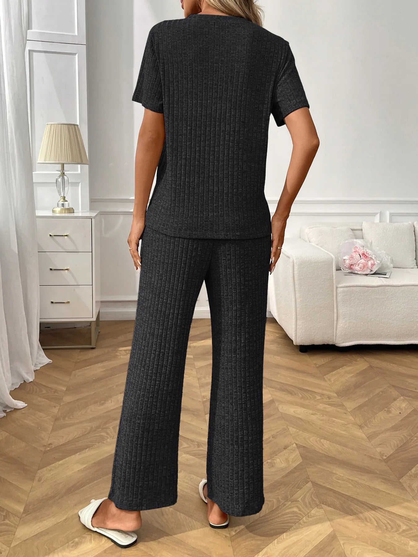 Ribbed Knit Lounge Set - Short Sleeve Top & Pants