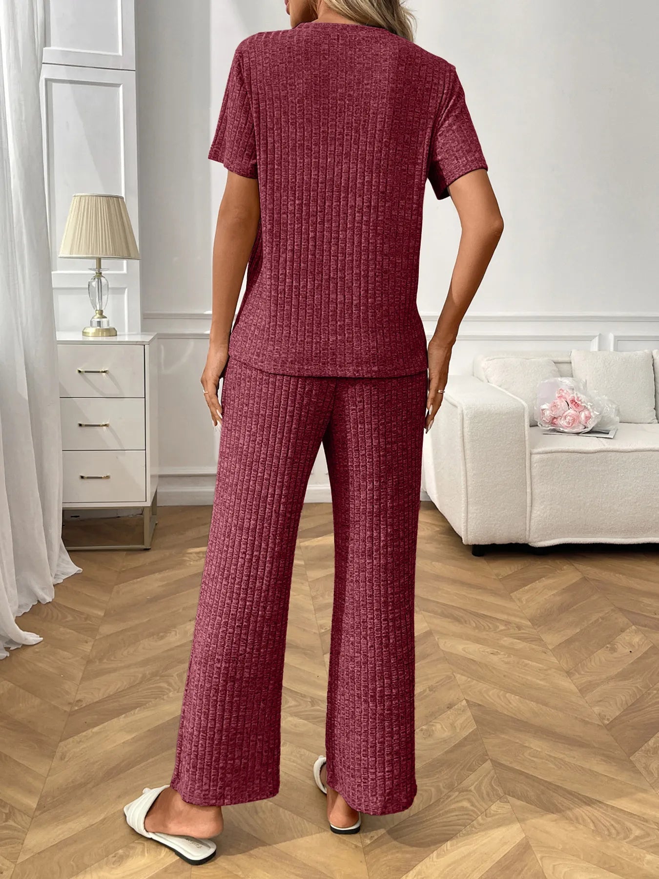 Ribbed Knit Lounge Set - Short Sleeve Top & Pants