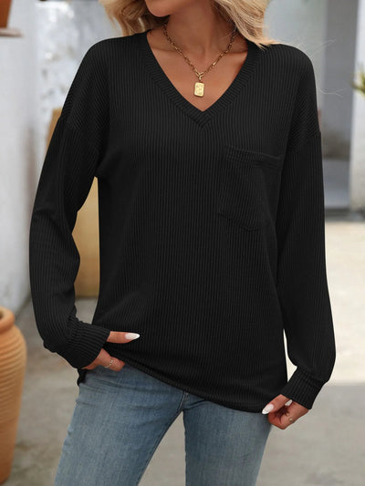Ribbed V - Neck Long Sleeve T-Shirt - Style Chic Couture