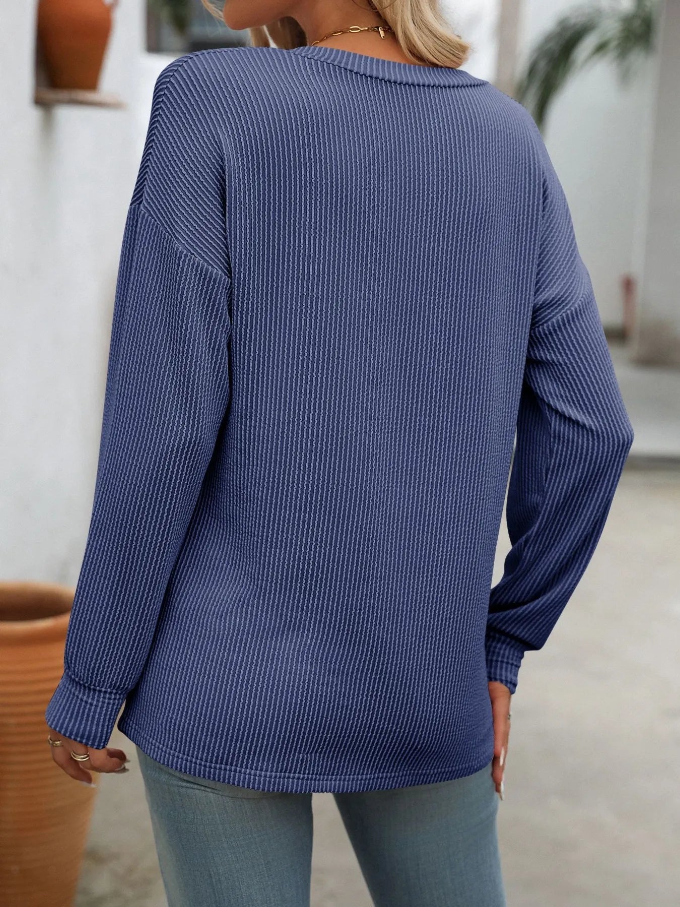 Ribbed V - Neck Long Sleeve T-Shirt - Style Chic Couture