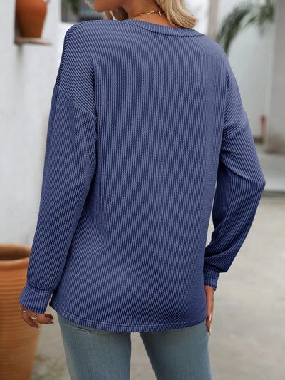 Ribbed V - Neck Long Sleeve T-Shirt - Style Chic Couture