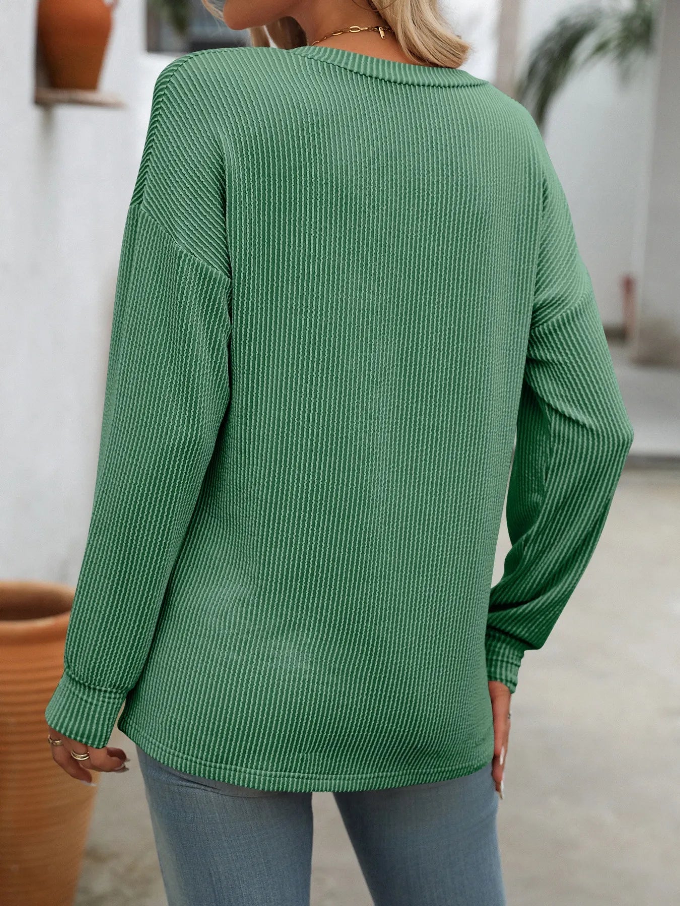 Ribbed V - Neck Long Sleeve T-Shirt - Style Chic Couture