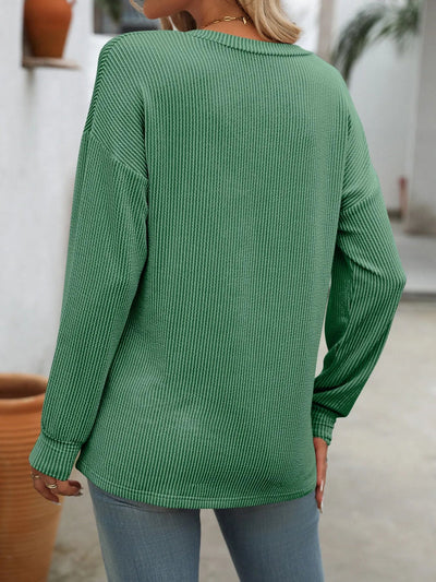 Ribbed V - Neck Long Sleeve T-Shirt - Style Chic Couture