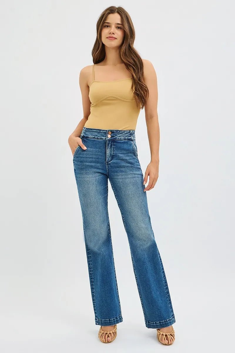 RISEN Full Size Tummy Control High Rise Bootcut Jeans with Double Button Waistband Plus Size - Style Chic Couture
