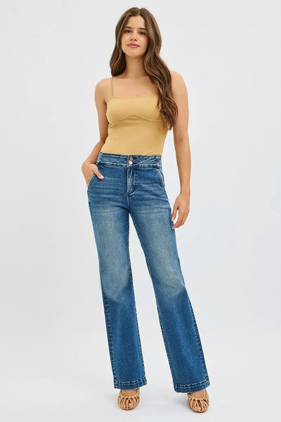 RISEN Full Size Tummy Control High Rise Bootcut Jeans with Double Button Waistband Plus Size - Style Chic Couture