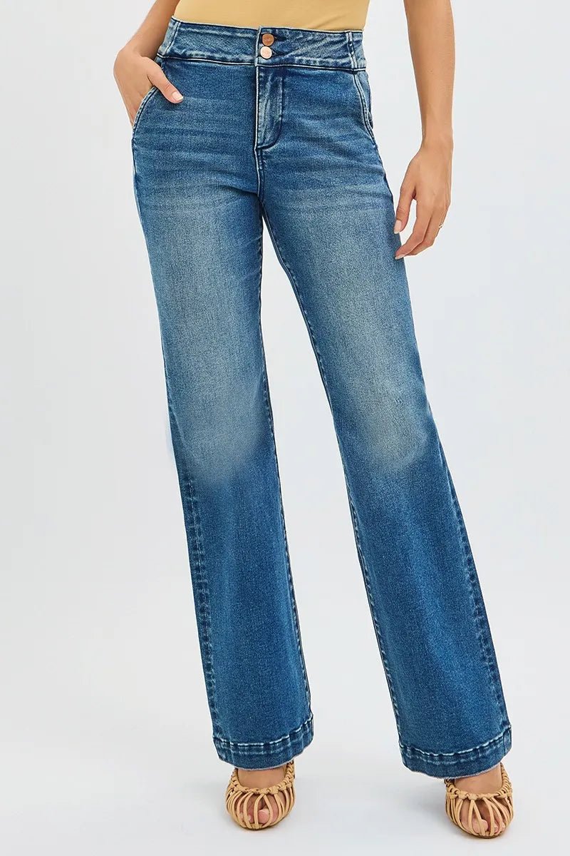 RISEN Full Size Tummy Control High Rise Bootcut Jeans with Double Button Waistband Plus Size - Style Chic Couture