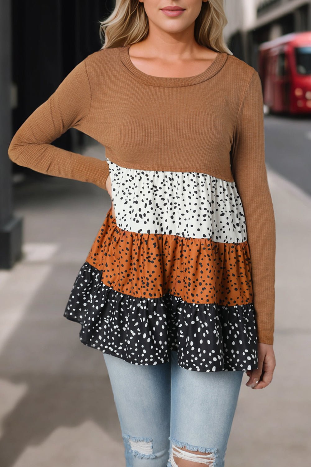 Round Neck Long Sleeve Color Block Blouse - Style Chic Couture