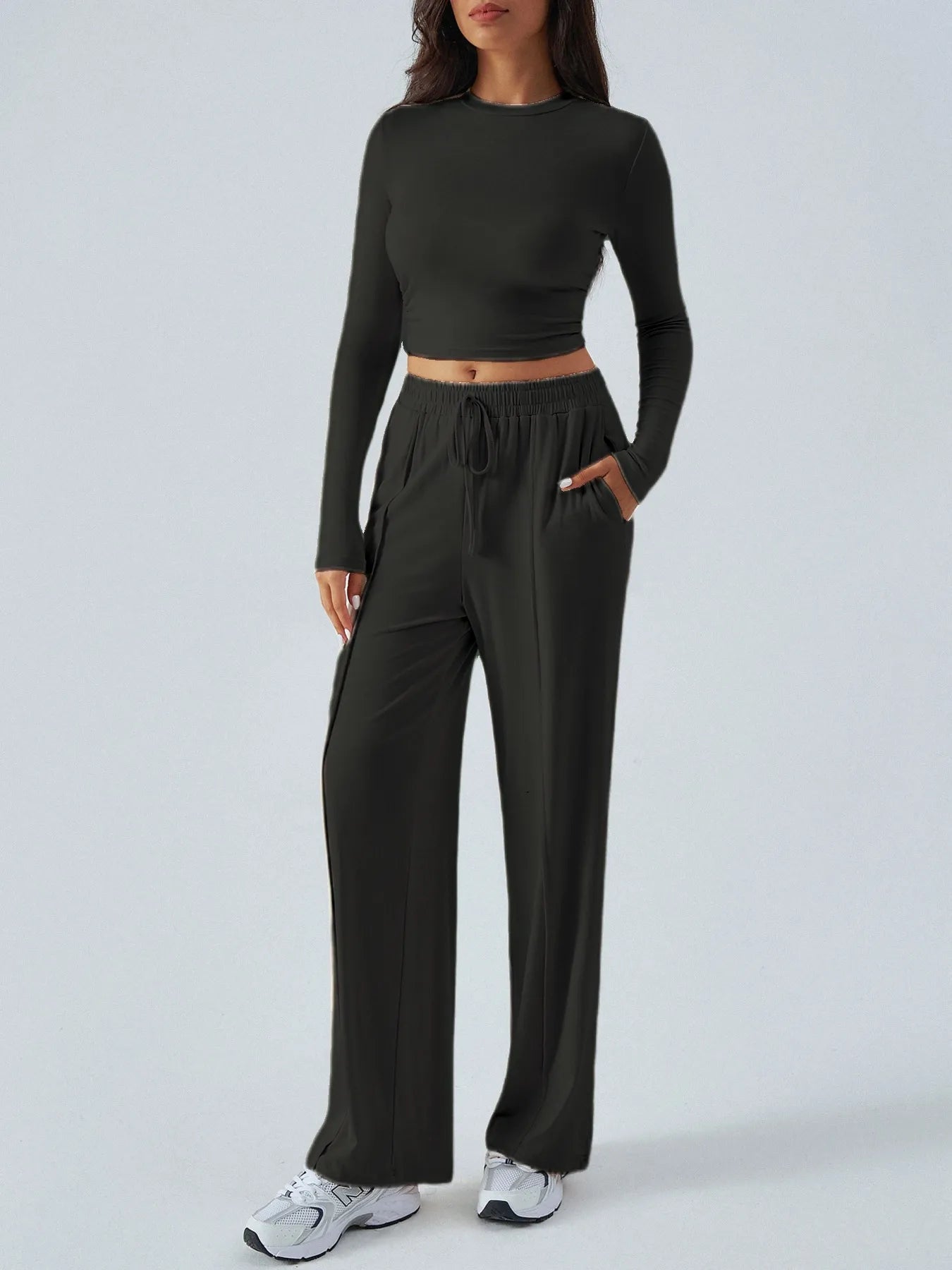 Round Neck Long Sleeve Top and Pants Set - Style Chic Couture