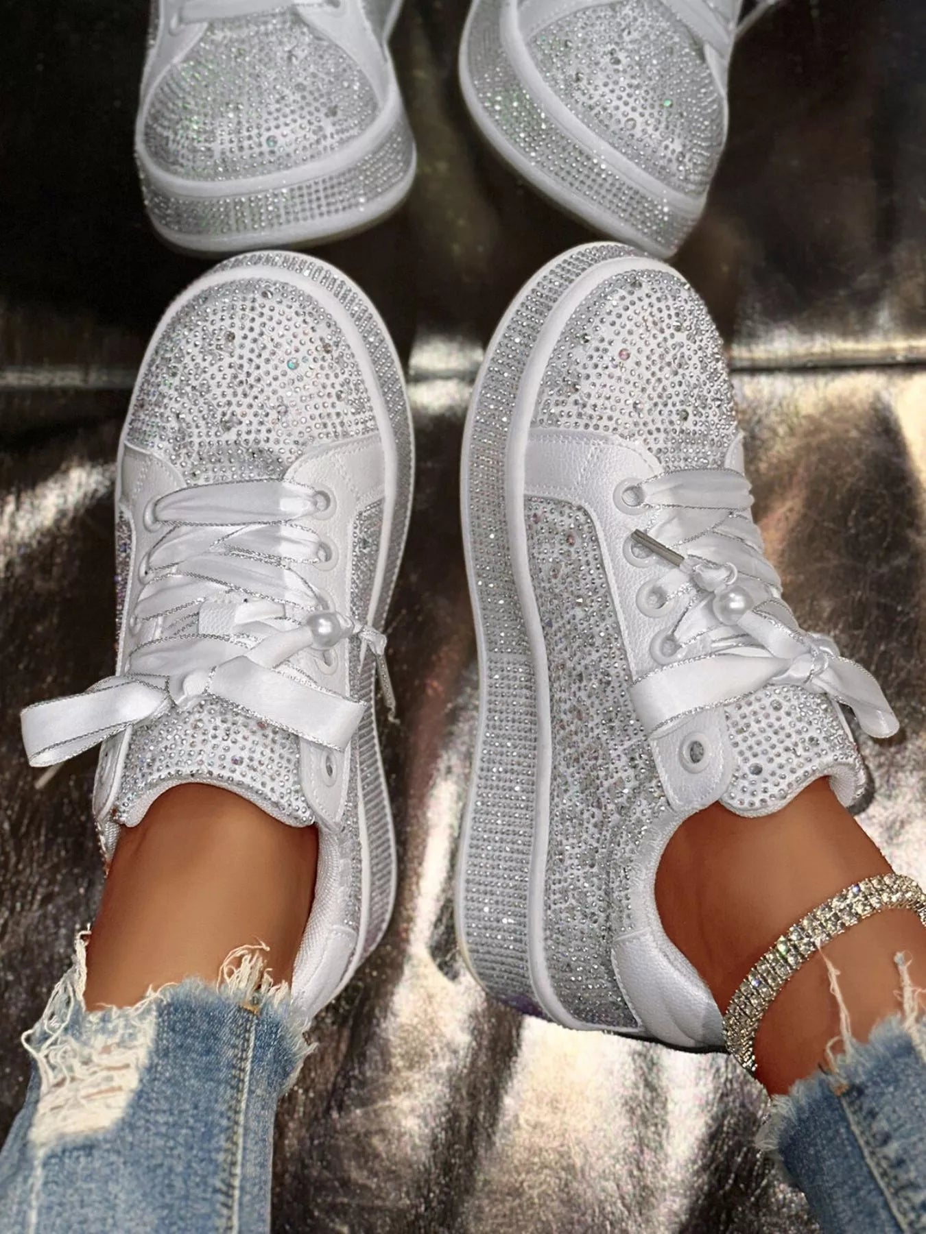 Round Toe Rhinestone Sneakers - Style Chic Couture