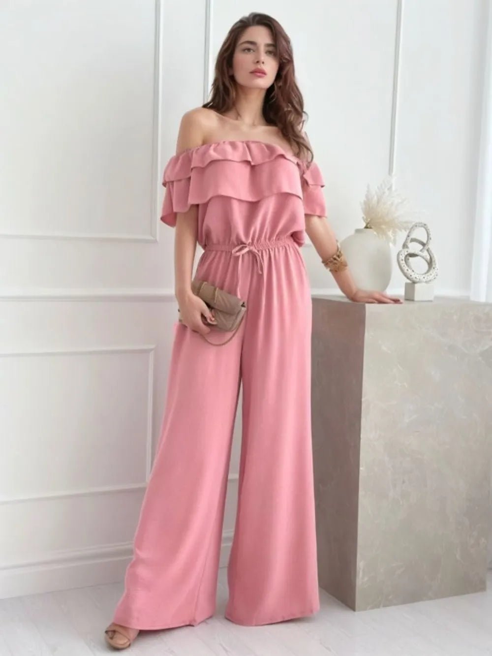 Ruffled Off Shoulder Wide Leg Jumpsuit - Style Chic Couture