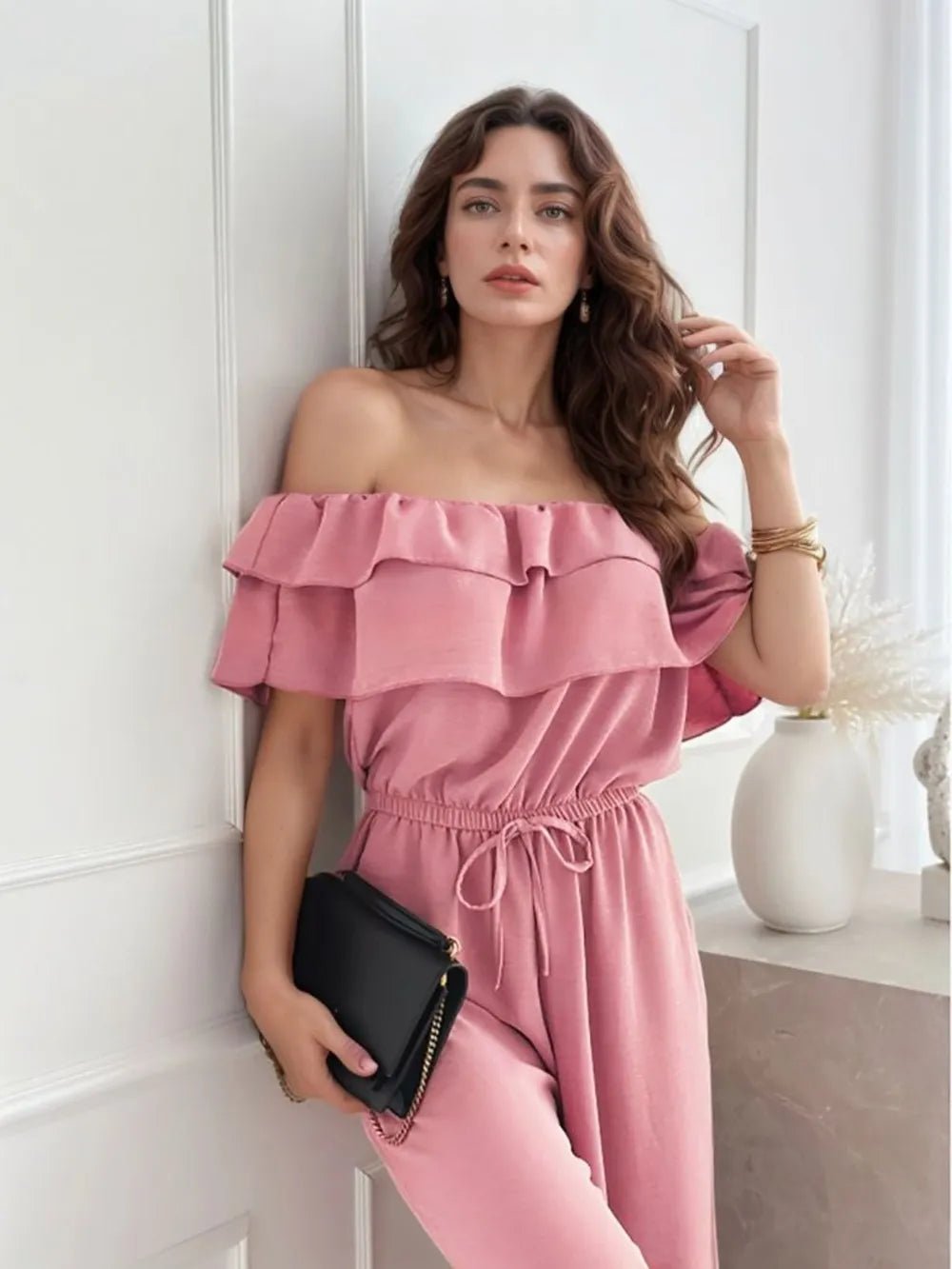 Ruffled Off Shoulder Wide Leg Jumpsuit - Style Chic Couture